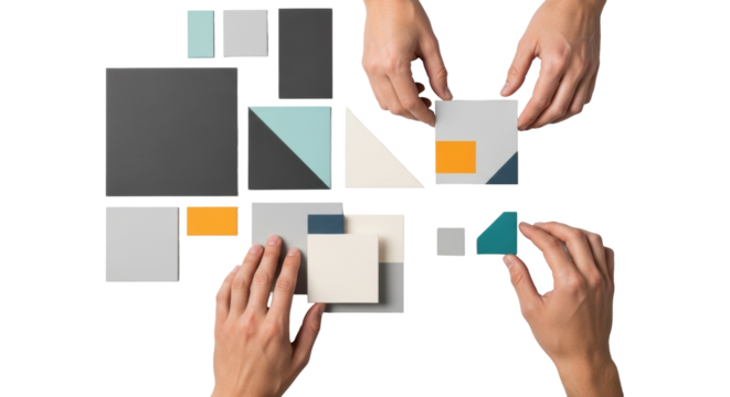Diverse hands precisely arrange minimalist geometric squares, triangles, rectangles of matte card stock in corporate neutral & vibrant accent colors on a seamless neutral background. Concept of