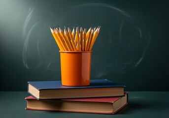 A collection of yellow pencils in an orange cup sits atop two closed books, with a chalkdusted blackboard in the background