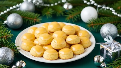 Plate of Golden Icing Cookies Surrounded by Christmas Decorations holiday festive
