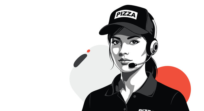 A dedicated young woman working in pizza customer service, wearing a uniform and headset, depicted in a stylish monochrome illustration with subtle abstract background elements.