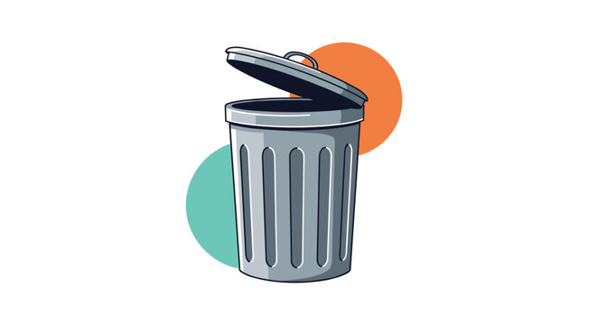 An illustration of a gray trash can with its lid open, set against a simple background of two colored circles, symbolizing waste and disposal.