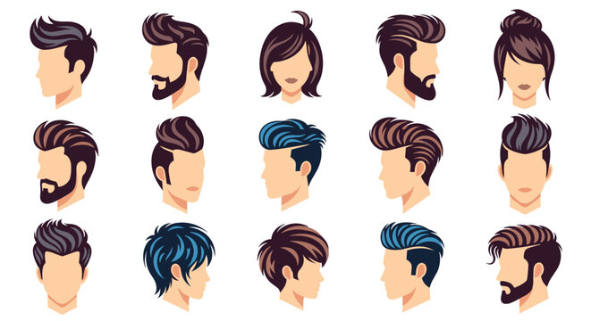 Diverse pixel art collection of male and female head illustrations showcasing various modern hairstyles, haircuts, and facial hair.