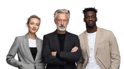 Successful Business Trio: Three business professionals of diverse backgrounds stand confidently, radiating leadership and experience, each embodying the spirit of innovation and corporate success.