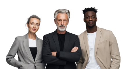Successful Business Trio: Three business professionals of diverse backgrounds stand confidently, radiating leadership and experience, each embodying the spirit of innovation and corporate success.