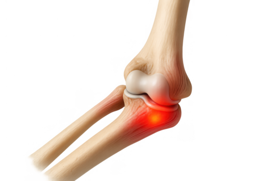 Human elbow joint experiencing pain and inflammation, medical concept of arthritis or injury, anatomical illustration