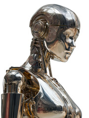 Metallic Muse: A striking, side-profile portrait of a chrome-skinned humanoid robot, evoking a sense of futuristic elegance and technological artistry. 