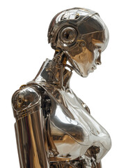Futuristic Metallic Being: A sleek, chrome-like robot stands in a contemplative pose, its form a fusion of human and machine. Evoking themes of artificial intelligence and technological evolution.