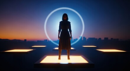 Obraz premium Cyberpunk elegance: Mysterious woman in glowing cityscape of the future