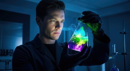 Focused scientist observes vibrant chemical reaction in laboratory flask meticulously