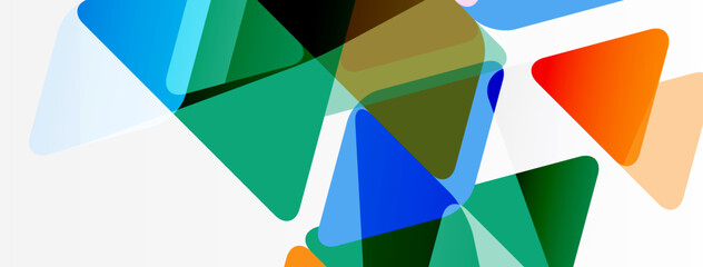 Abstract geometric shapes overlap. Colors include blue, green, orange, plus muted tones. Composition feels dynamic, modern.