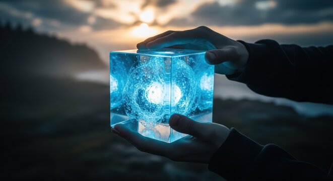Human hands holding a glowing blue cube with swirling energy inside, nature background
