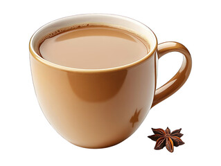 Warm brown mug filled with milk-infused beverage beside a star anise pod