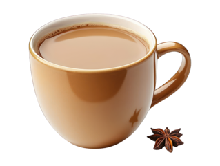 Warm brown mug filled with milk-infused beverage beside a star anise pod