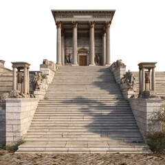 Ancient temple staircase: A grand staircase ascends toward an imposing temple, adorned with classical columns, intricate carvings, and statues, embodying the enduring legacy of ancient architecture. 