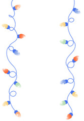 Christmas garland vertical strings with colorful lights on white background. Celebration vector template with empty space for text. Trendy stock illustration