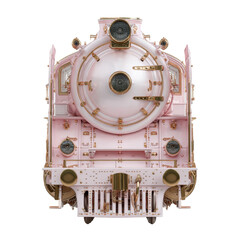 Vintage Pink Locomotive: A captivating front view of a vintage pink locomotive, showcasing intricate mechanical details and a touch of steampunk aesthetic.