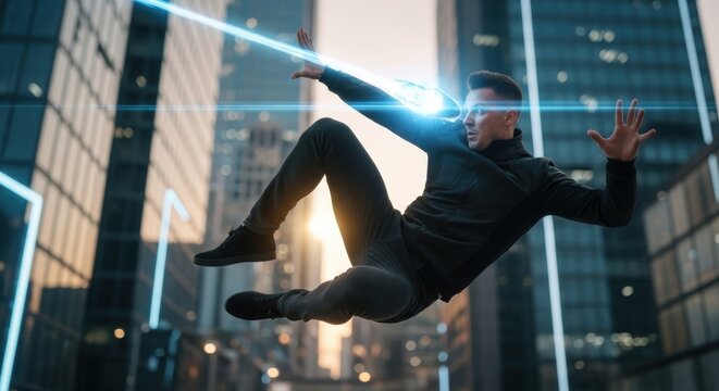 Futuristic Urban Energy: Man with Laser Eyes Ascending in a Modern Cityscape