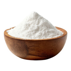 Flour in wooden Bowl: A close-up shot captures a pristine heap of flour gracefully contained within a rustic wooden bowl, emphasizing the texture and purity of the culinary ingredient.