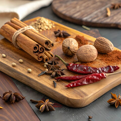 Assorted Warm Spices on Wooden Cutting Board for Cooking and Culinary Use
