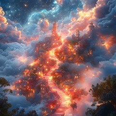 Floating city with glowing stairs and buildings amidst clouds and stars town architecture photo
