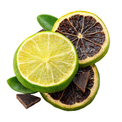 Zesty Citrus Delight: Vividly colored lime slices and dark chocolate pieces, along with fresh green leaves, create a visually appealing arrangement.