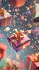 Floating Purple Gift Boxes with Gold Ribbons and Bokeh Lights presents falling photo
