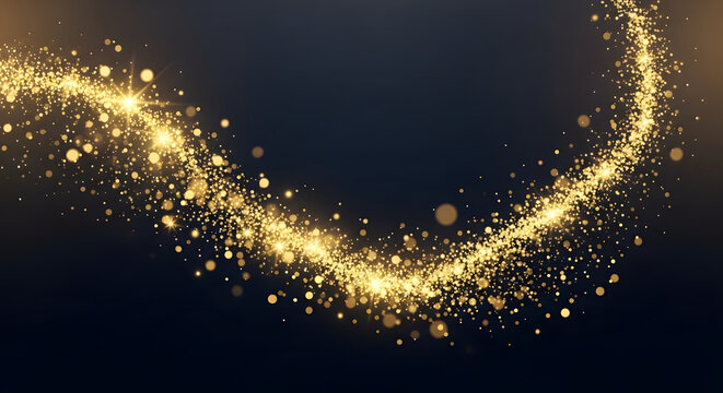 Abstract Sparkling Golden Dust Trail on Dark Background.