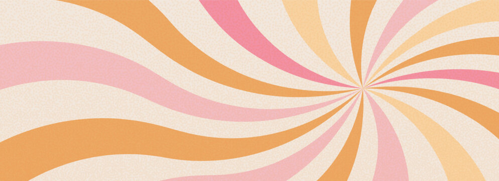 Groovy twisted starburst background. Retro spiral sun rays abstract illustration. Vector wavy dynamic lines decoration. Radial carnival stripes vintage backdrop. Sunburst textured 70s pop art design.