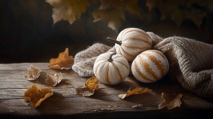 Still life of three pumpkins, autumn leaves, and a knitted blanket on a wooden table, bathed in warm, soft lighting.