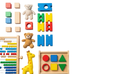 Meticulously arranged classic wooden blocks, abacus, animal plush, and shape sorters in primary colors on a transparent studio background with copy space, concept of early childhood education