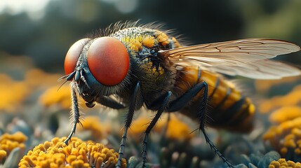 Fly Resting on Yellow Flowers in Macro Detail insect close-up photo