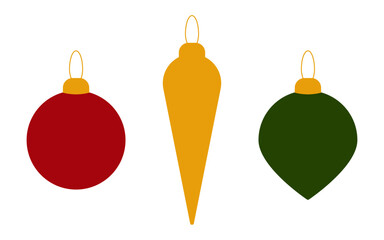 A set of Christmas decorations isolated on a white or transparent background. Vector illustration. Red and green balls and a yellow icicle. Close-up elements for New Year's design.
