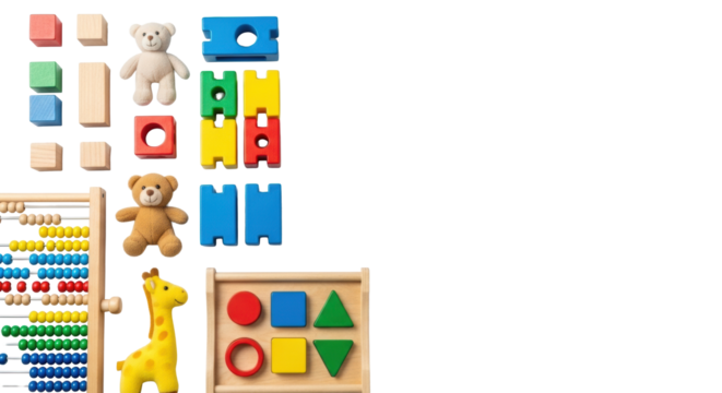 Meticulously arranged classic wooden blocks, abacus, animal plush, and shape sorters in primary colors on a transparent studio background with copy space, concept of early childhood education