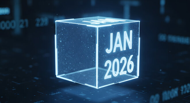 A glowing blue holographic cube displaying the date January 2026, symbolizing future events and technological advancement in a digital environment