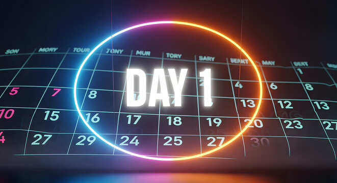 DAY 1 illuminated in neon circle over a calendar grid, marking the start of a new beginning or event countdown