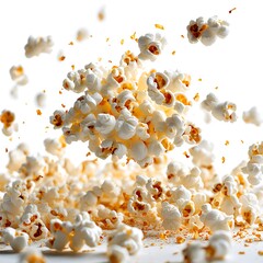 Flying Popcorn Kernels and Scattered Pieces on photo White Background popping explosion