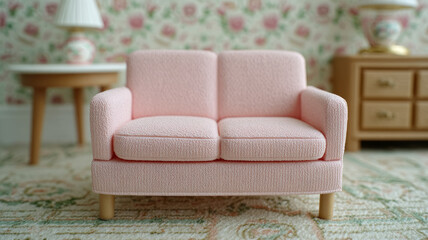 Miniature pink sofa with floral wallpaper backdrop.