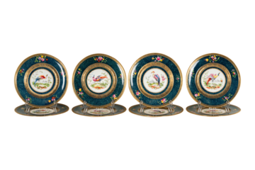 Exquisite Teal & Gold Bird Plates, Floral Design