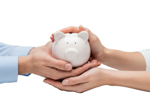 Two diverse adult hands (one mature, one younger) in business-casual cuffs gently hold a classic white pig-shaped piggy bank in a high-key studio, symbolizing intergenerational financial planning and