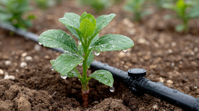 Seedling with drip irrigation in a garden, water drops visible.