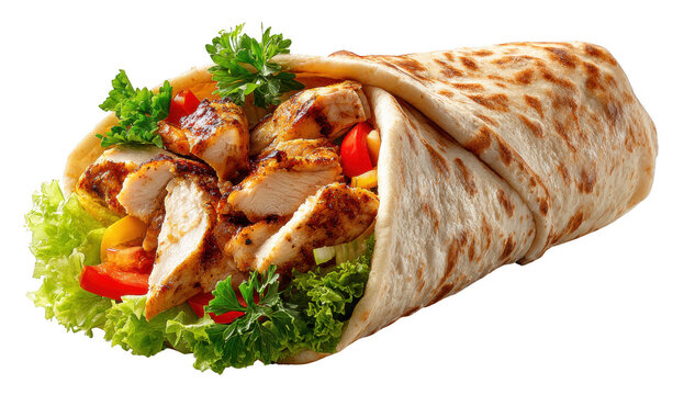 Shawarma pita roll with grilled chicken and vegetables, isolated on transparent background, Middle Eastern street food, sharp detail