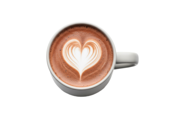 A modern light grey ceramic mug of rich dark brown hot chocolate with frothy foam and a distinct heart shape, isolated on white with soft studio lighting, concept of warmth and coziness