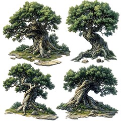 Four ancient gnarled oak trees with green foliage and stone accents ancient tree photo
