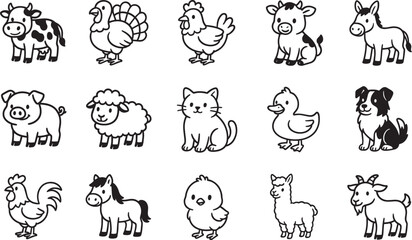 Naklejka premium An array of meticulously crafted farm animals, from adorable cows and chicks to charming sheep, pigs, and cats, are depicted in a unified line drawing style.
