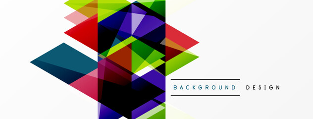 Abstract geometric shapes overlap, creating vibrant colorful design. White space provides contrast, modern aesthetic.