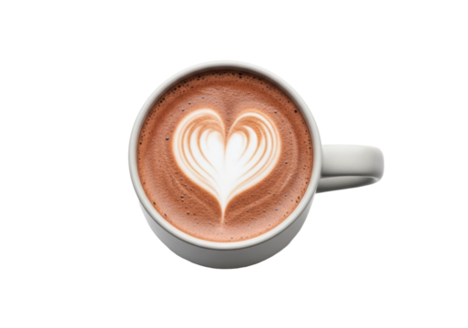 A modern light grey ceramic mug of rich dark brown hot chocolate with frothy foam and a distinct heart shape, isolated on white with soft studio lighting, concept of warmth and coziness