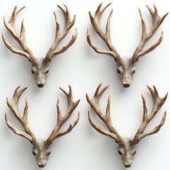 Four Deer Antlered Skulls on photo White Background antlers head