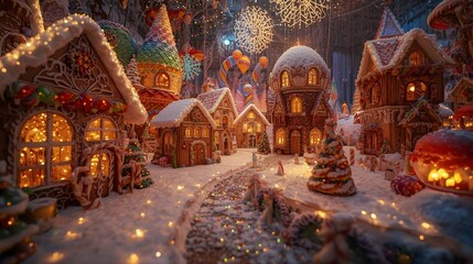 Fototapeta premium Candy Town Christmas Village With Rainbow Gingerbread Houses