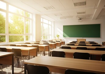 Bright and empty classroom with wooden desks, chairs, and a green chalkboard, illuminated by sunlight streaming through large windows