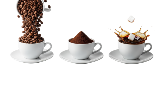 Three white coffee cups: beans, ground coffee, splashing brewed coffee with sugar cube, minimalist white, concept of growth and innovation